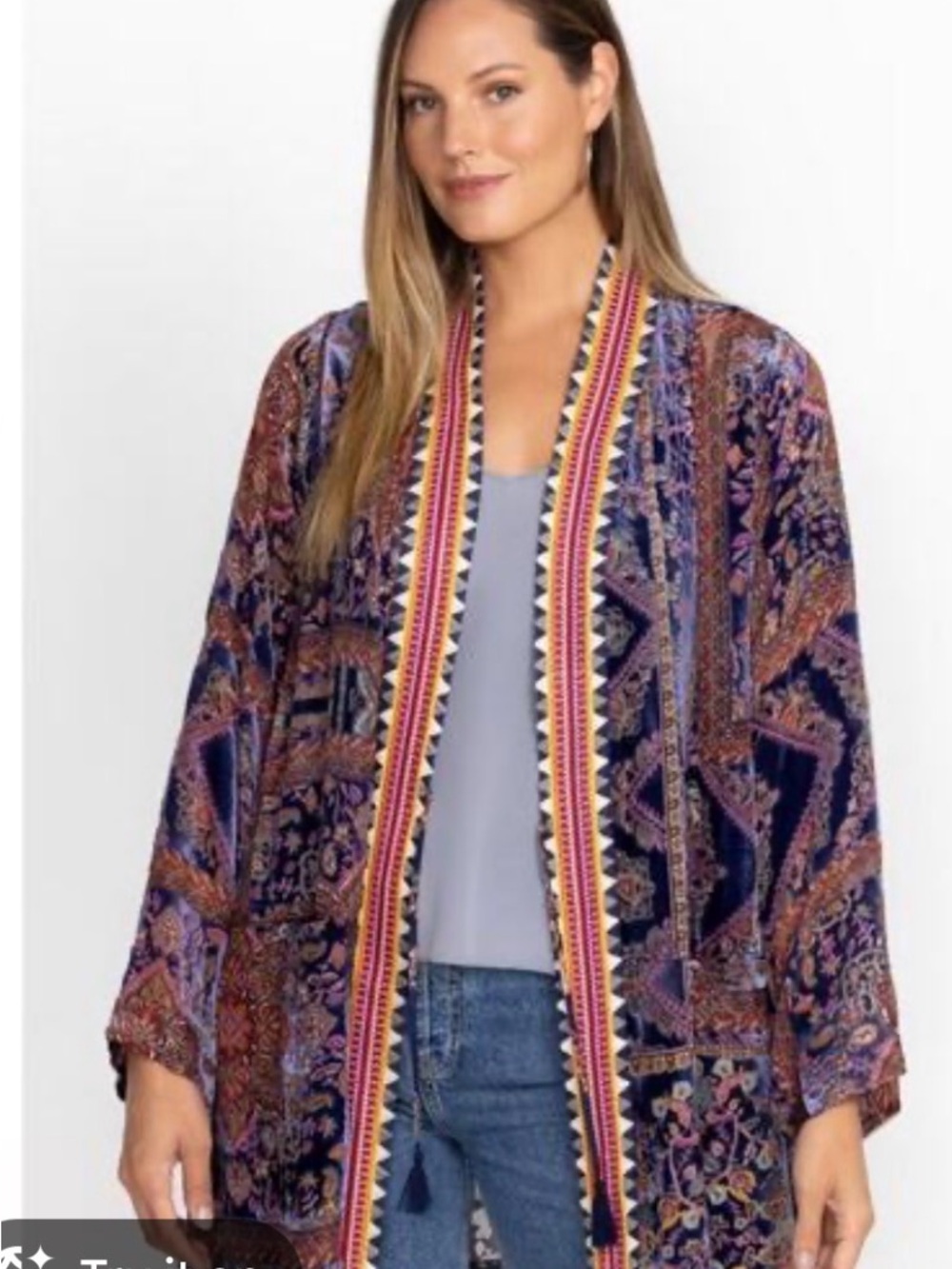 Johnny Was Velvet Paisley Tasseled  Embroidery Trim Kimono-Purple Multi Size M